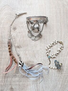 3Pc Boho Festival Jewelry Lot Coin cuff, Beaded bracelet ring, Feather hair clip